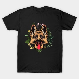 German shepherd in floral T-Shirt